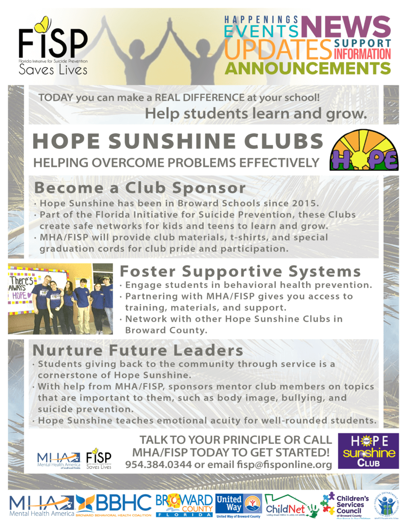 A flyer with information about hope sunshine clubs.